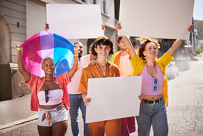 Buy stock photo Poster mockup, lgbt protest and people walking in city street for activism, human rights and equality. Freedom, diversity support and lgbtq community crowd with billboard space for social movement