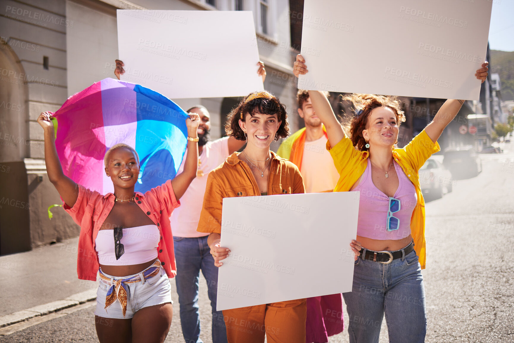 Buy stock photo Poster mockup, lgbt protest and people walking in city street for activism, human rights and equality. Freedom, diversity support and lgbtq community crowd with billboard space for social movement