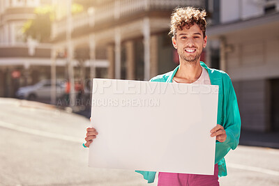 Buy stock photo Mockup, portrait and man with board, street and protest for human rights, social change and equality. Young person, male and protester with blank card, marching and in city with smile and activist