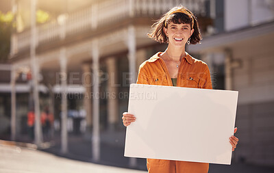 Buy stock photo Woman, lgbt and board poster in city, smile and portrait for human rights, non binary and opinion. Gen z activist girl, pride march, parade and outdoor in urban metro for lgbtq, equality and peace