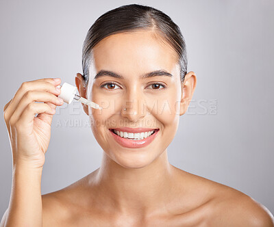 Buy stock photo Beauty portrait, skincare or woman with serum for glowing skin hydration, anti aging or luxury facial protection. Happy aesthetic face of girl with liquid spa product, collagen oil or hyaluronic acid