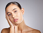 Woman, wellness and skin glow portrait of a beauty model with collagen and cosmetic treatment. Isolated, white background and young person with skin glow from dermatology, spa and facial in studio