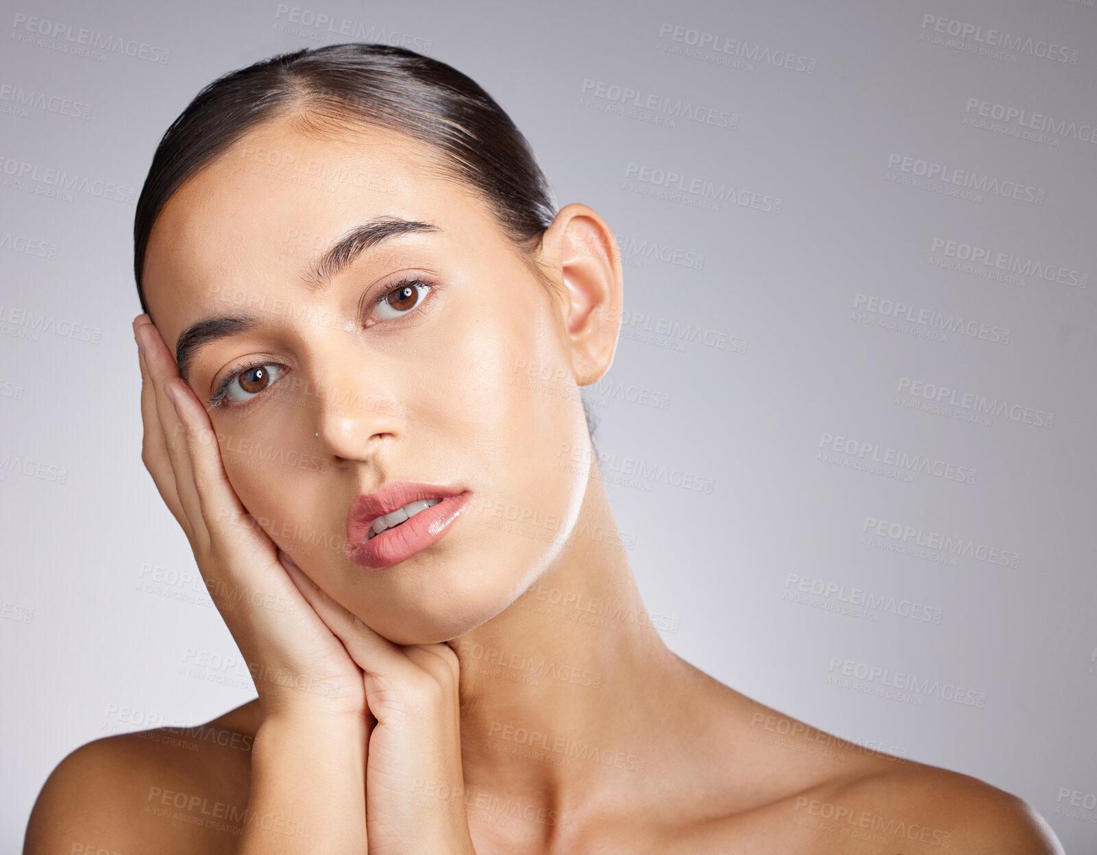 Buy stock photo Woman, wellness and skin glow portrait of a beauty model with collagen and cosmetic treatment. Isolated, white background and young person with skin glow from dermatology, spa and facial in studio