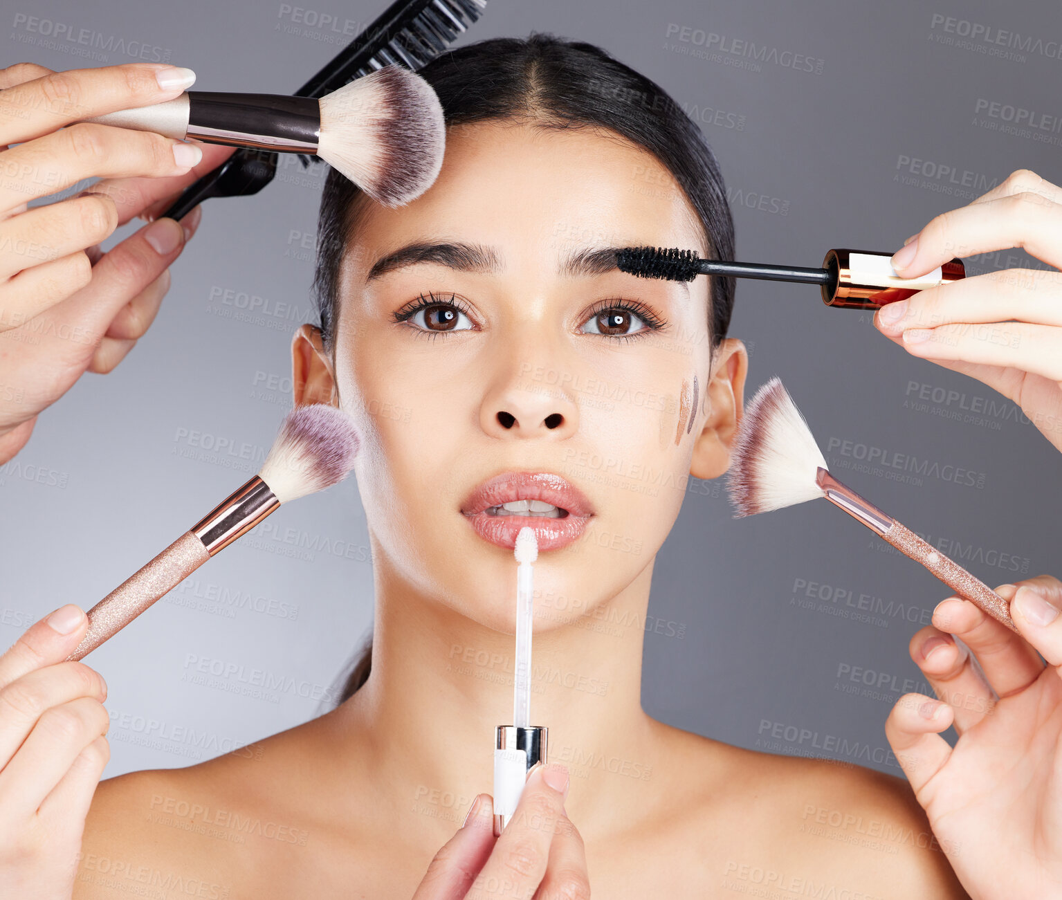 Buy stock photo Woman, hands and portrait with makeup tools for beauty, skincare wellness and cosmetics dermatology. Model, facial glow and application brush for self care and luxury salon product vision in studio