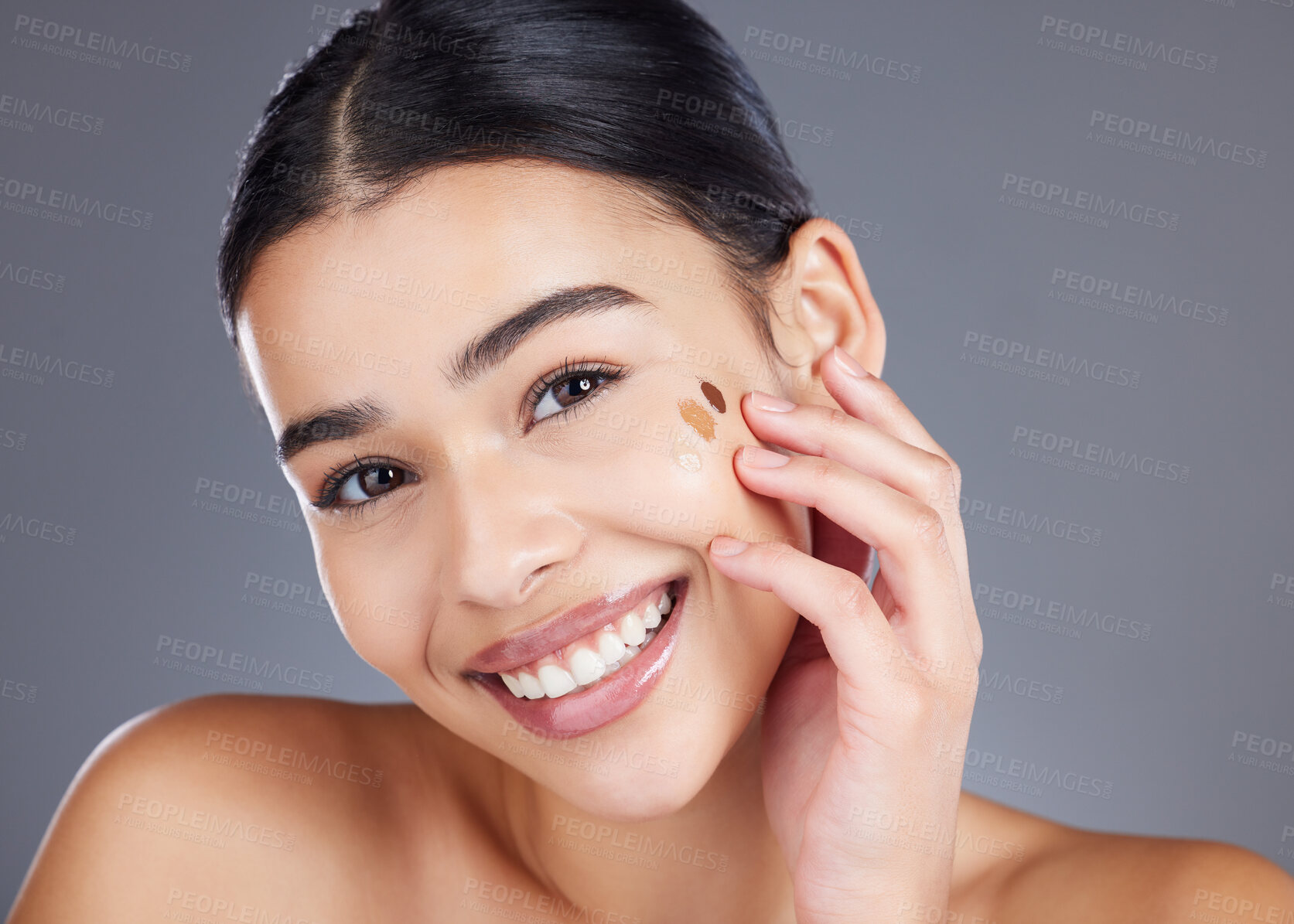 Buy stock photo Beauty, foundation test and portrait of woman with skincare product for self care, anti aging or wellness. Facial healthcare, spa salon and happy model face with makeup cosmetics on studio background