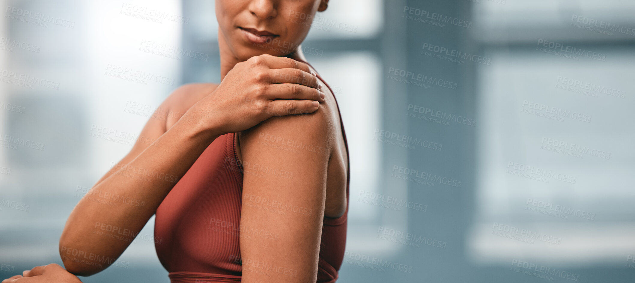 Buy stock photo Shoulder, exercise and black woman with pain, injury and workout with sports accident and torn muscle. African American female, lady and athlete with ache, stress and workout mistake and inflammation