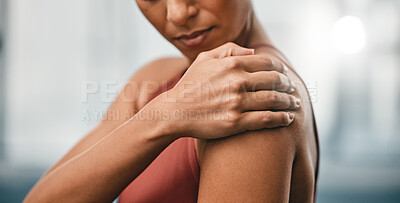 Buy stock photo Closeup, fitness and black woman with shoulder pain, muscle ache and strain after training, workout and inflammation. African American lady, female and athlete with sports accident, torn and bruised