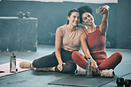 Happy woman, friends and fitness with phone for selfie, moments or picture in workout exercise or training at gym. Sporty women with smile looking at smartphone for photo or healthy wellness together