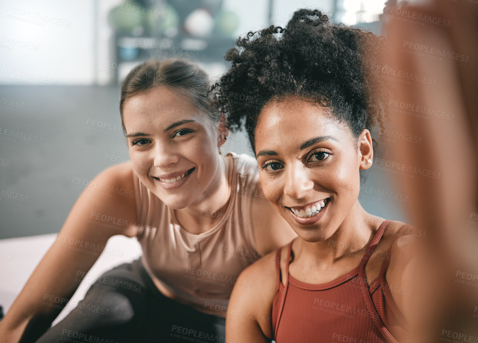 Buy stock photo Fitness, friends and portrait at the gym for selfie, happy and smile before exercise routine. Workout, face and girls pose for photo, profile picture or post after training, cheerful and satisfied 