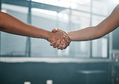 Buy stock photo Fitness, partnership or people handshake at gym for team work, trust or support after workout or exercise. Community, friends or healthy sports athletes shaking hands after training collaboration