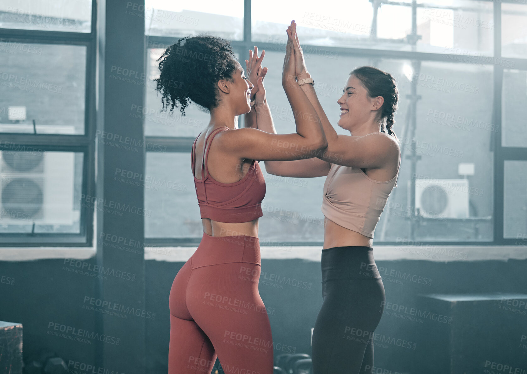 Buy stock photo High five, women and fitness couple of friends happy about health and wellness gym target. Exercise goal, happiness and workout success of athlete people with a smile from sports win together 