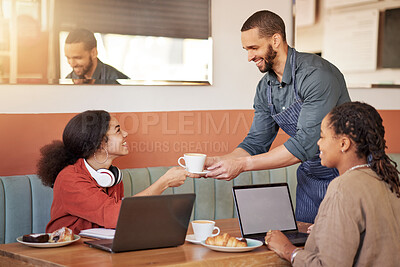 Buy stock photo Cafe, happy or waiter with coffee for students eating breakfast, food or brunch at a table in the morning. Hospitality, restaurant or worker with a happy smile serving or giving tea to women or girls