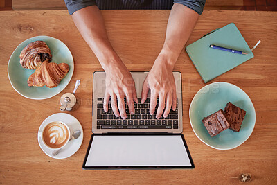 Buy stock photo Laptop, coffee shop and above man hands writing email, freelance and internet with screen mockup. Hand, remote work and social media influencer in cafe for food, review or typing blog, search or web