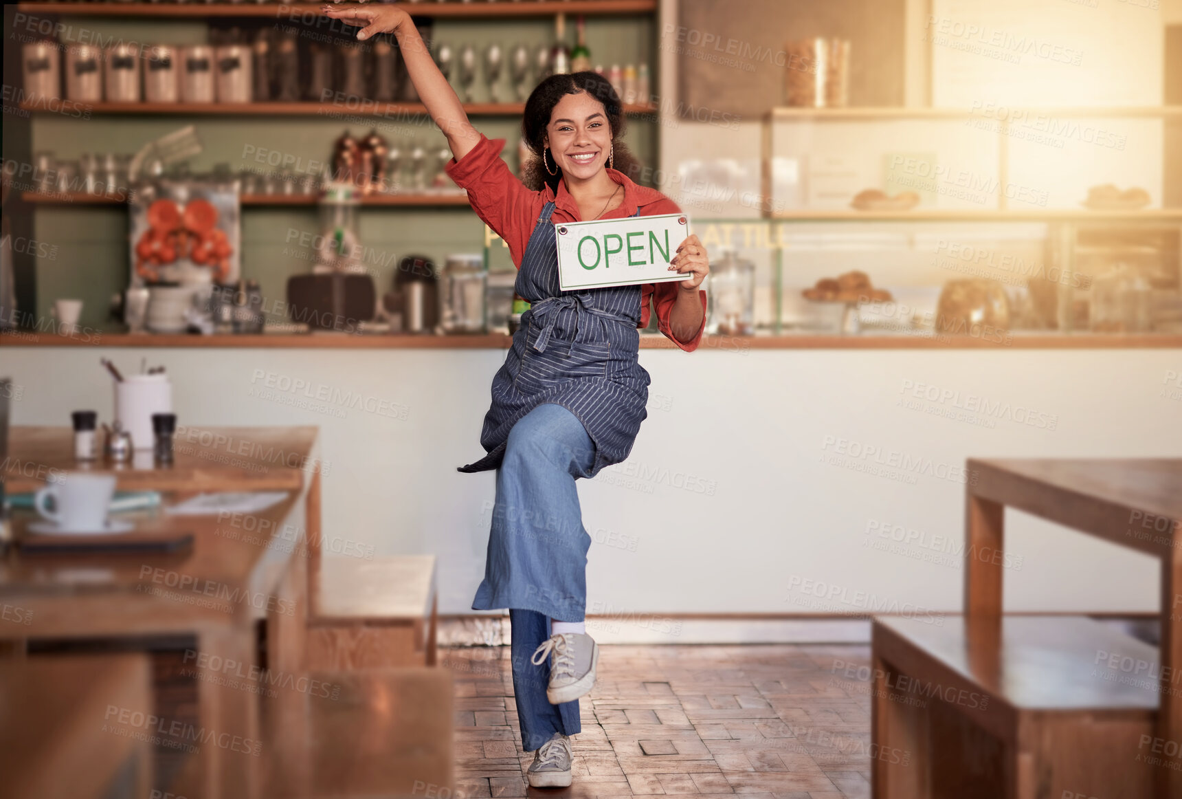 Buy stock photo Cafe, woman and open sign in small business, startup and excited while celebrating success with dance. Black woman, coffee shop and business owner hold message, placard or advertising welcome board