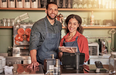 Buy stock photo Portrait, cafe and barista couple with tablet ready to take orders in small business. Teamwork, diversity or man and woman, waiters or coffee shop owners in restaurant with technology to manage sales