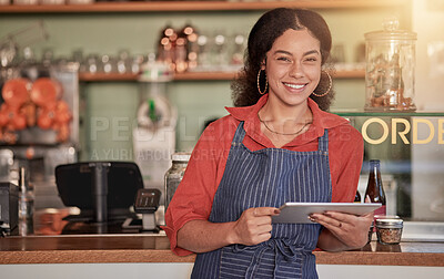 Buy stock photo Portrait, restaurant waiter and woman with tablet to manage orders, inventory and stock check. Coffee shop barista, technology and happy female waitress holding digital touchscreen for managing sales