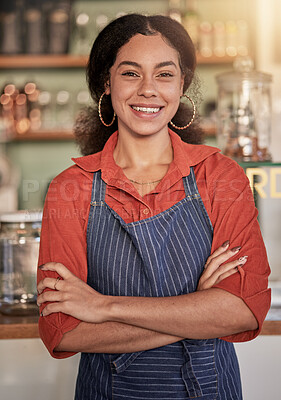Buy stock photo Portrait, cafe barista and woman with arms crossed ready to take your order. Coffee shop, waiter and confident, happy and proud young female waitress from Brazil or small business owner of cafeteria.