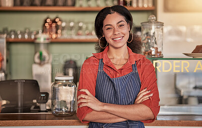 Buy stock photo Portrait, cafe waiter and woman with arms crossed ready to take your order. Coffee shop, barista and confident, happy and proud young female employee from Brazil or small business owner of cafeteria.