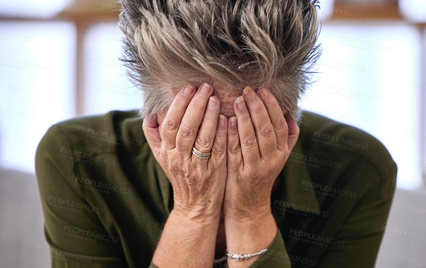 Buy stock photo Elderly woman, face and stress for depression, fatal results and emotional with distress, mental health or burnout. Mature female person, lady and shame with illness, health and medical diagnosis