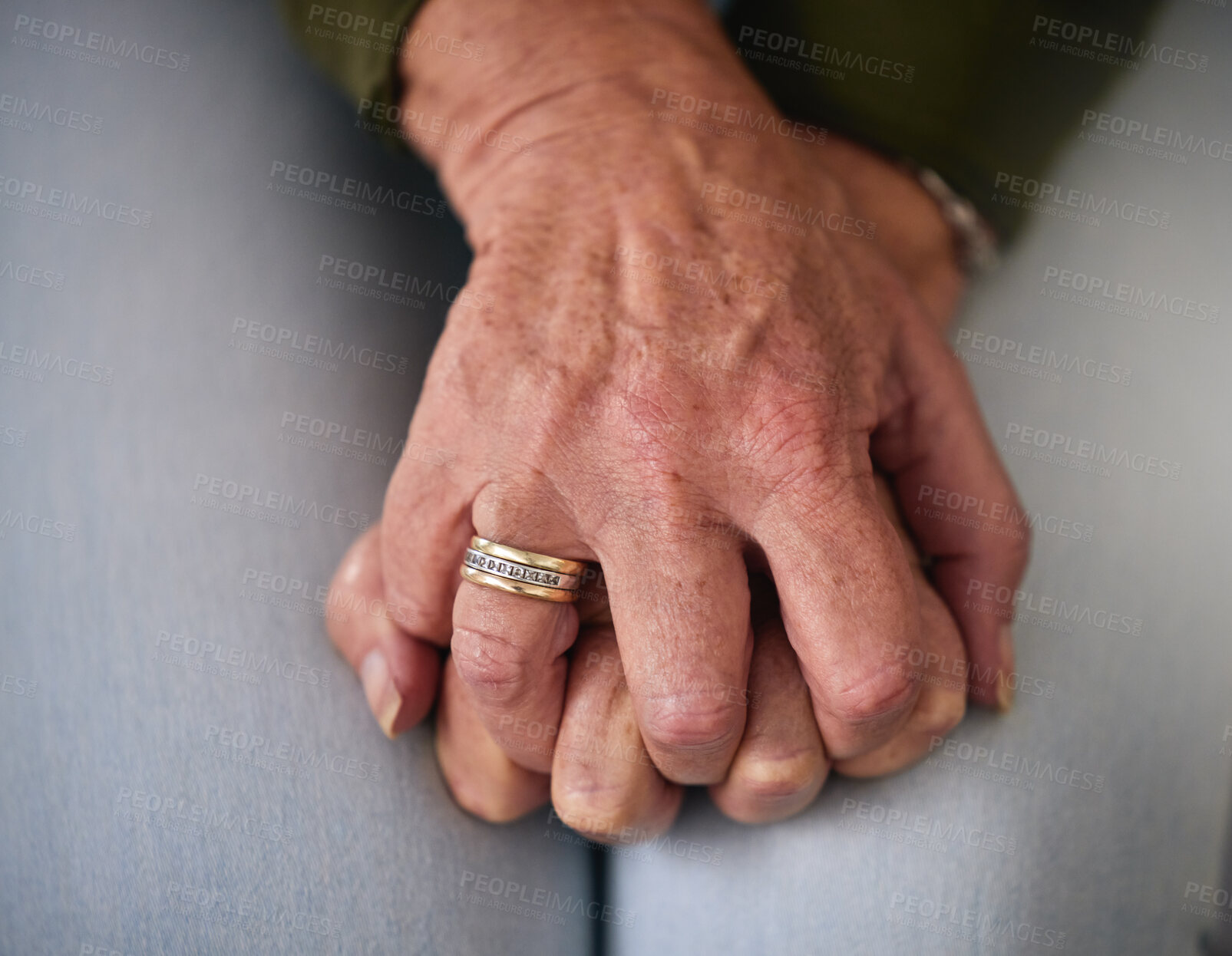 Buy stock photo Senior woman, anxiety and hands on lap for worry, concern and stress waiting for medical results. Healthcare, mental health and zoom of elderly female with anxious, nervous body gesture and sad news