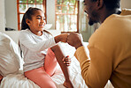 Black family, father and girl fist bump for love, bonding or care in bedroom. Hands gesture, unity and happy kid and man with fists sign for support, teamwork and trust, solidarity and collaboration.