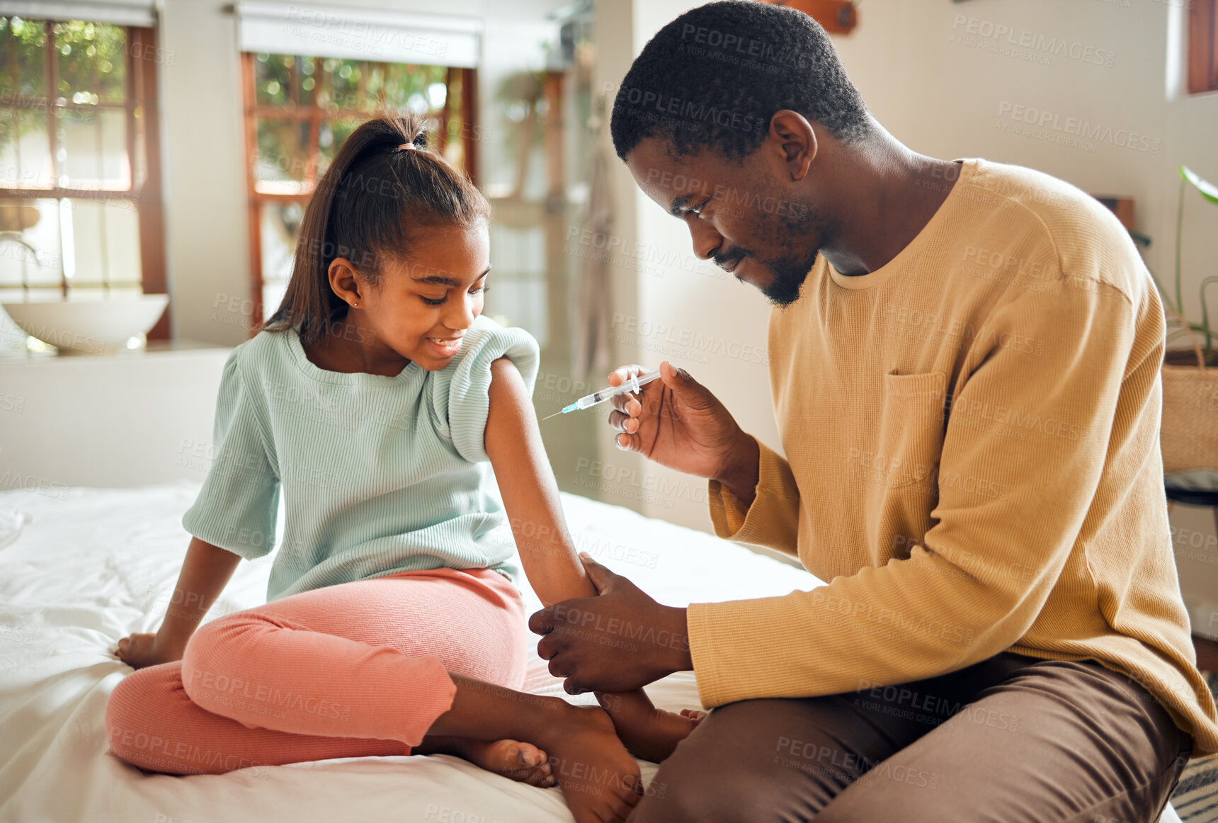 Buy stock photo Father, girl and health vaccine in home for wellness in bedroom. Love, black family and care of man with vaccination injection for kid or child against disease, virus or flu, cold or illness in house