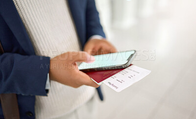 Buy stock photo Hands, phone and passport chatting, typing or texting on mobile app or checking flight times at the airport. Hand of business employee holding smartphone and ID documents for travel, trip or journey