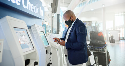 Buy stock photo Black man, mask and checking phone in airport for corporate travel information, destination details and flight ticket. African businessman, digital communication and smartphone, check in and safety