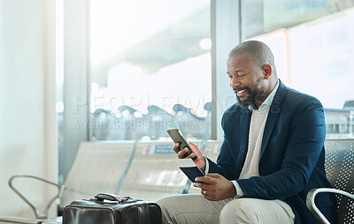 Buy stock photo African businessman, phone and airport for texting, email or reading news on web app with passport. Corporate black man, international travel or smartphone for identity, cybersecurity or social media