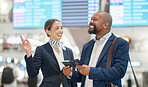Airport, African businessman and passport with woman concierge, direction and compliance check with joke. Happy corporate black man, airline service worker or documents with comic laugh at inspection