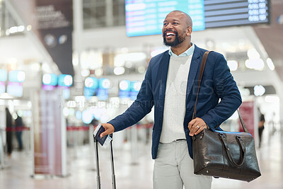 Buy stock photo African businessman, walking and airport with smile, happy and luggage on global business trip. Corporate black man, international travel or excited at terminal for immigration, work or career growth