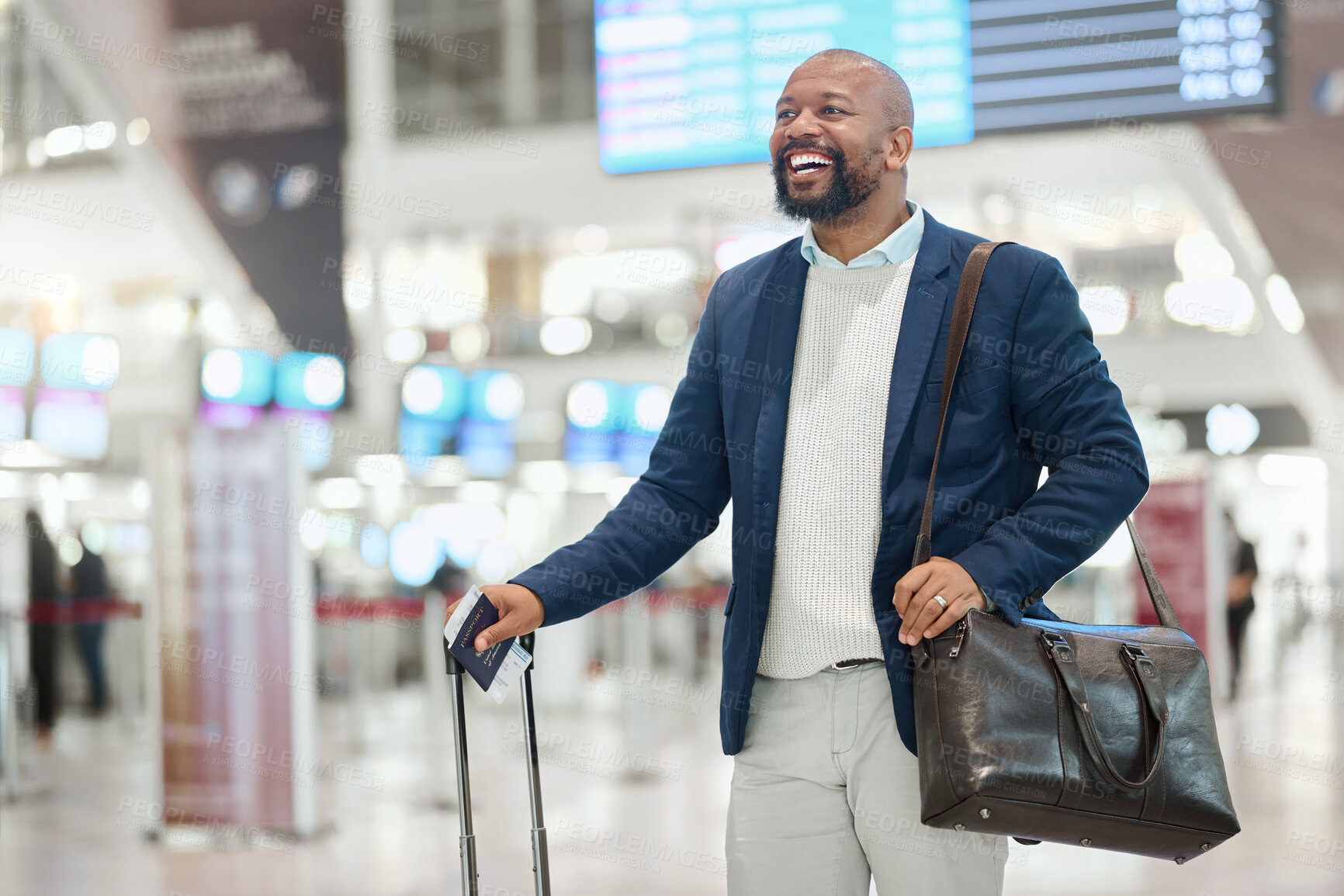 Buy stock photo African businessman, walking and airport with smile, happy and luggage on global business trip. Corporate black man, international travel or excited at terminal for immigration, work or career growth