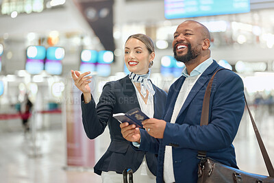 Buy stock photo Woman, help or black man in an airport with a passport to travel asking for a gate agent for directions. Airplane, hospitality or friendly worker helping an African businessman with a happy smile