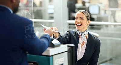 Buy stock photo Airport, passport and travel with a woman passenger assistant helping a business man traveller with check in. Security, immigration or documents with a female working in a terminal for border control