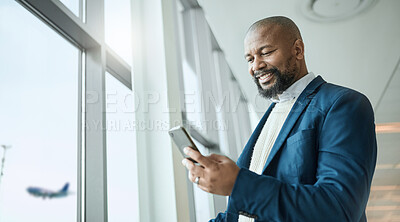 Buy stock photo Email, travel and black man with a phone at the airport for connection, communication and work update. Happy, executive and African businessman reading information on a mobile while on a trip