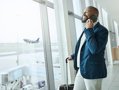 Buy stock photo Businessman, phone call and waiting at airport for travel, work trip or plain journey with luggage to country. Happy black man employee or person smile for communication before flight on smartphone