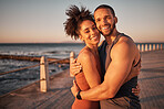 Fitness, love and portrait with couple at beach for workout, exercise and health partner. Wellness, sunset and smile with man and woman training for, running, marathon and cardio endurance goal