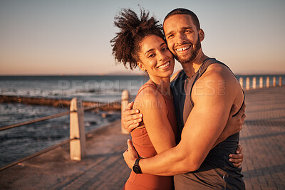 Buy stock photo Fitness, love and portrait with couple and hug at beach for workout, exercise and health partner. Wellness, sunset and smile with man and woman training for, running, marathon and cardio endurance