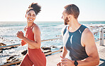 Running, fitness and exercise with a sports couple outdoor in summer for cardio or endurance by the ocean. Health, training and sea with a man and woman runner on a promenade for a workout together