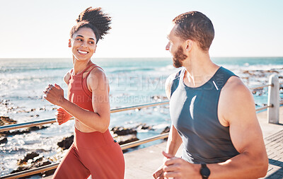 Buy stock photo Running, fitness and exercise with a sports couple outdoor in summer for cardio or endurance by the ocean. Health, training and sea with a man and woman runner on a promenade for a workout together