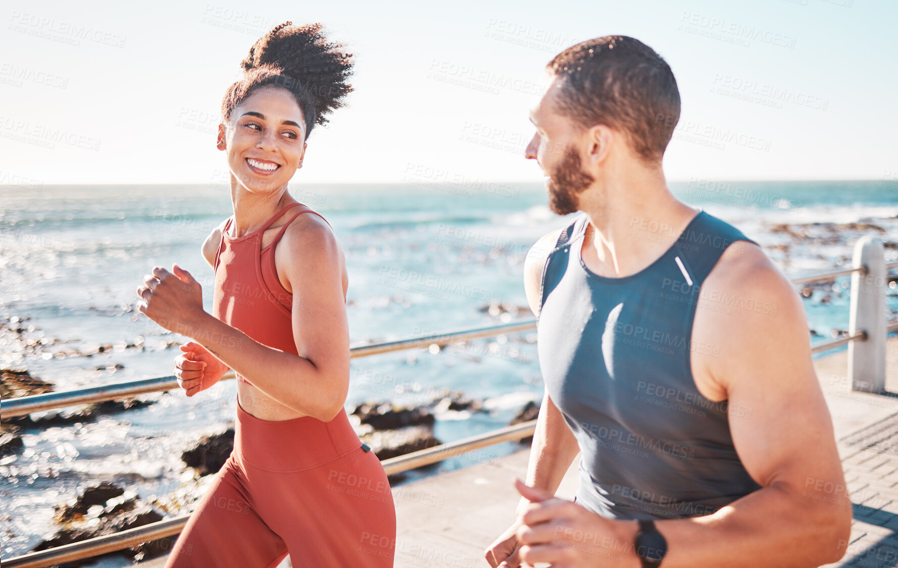 Buy stock photo Running, fitness and exercise with a sports couple outdoor in summer for cardio or endurance by the ocean. Health, training and sea with a man and woman runner on a promenade for a workout together