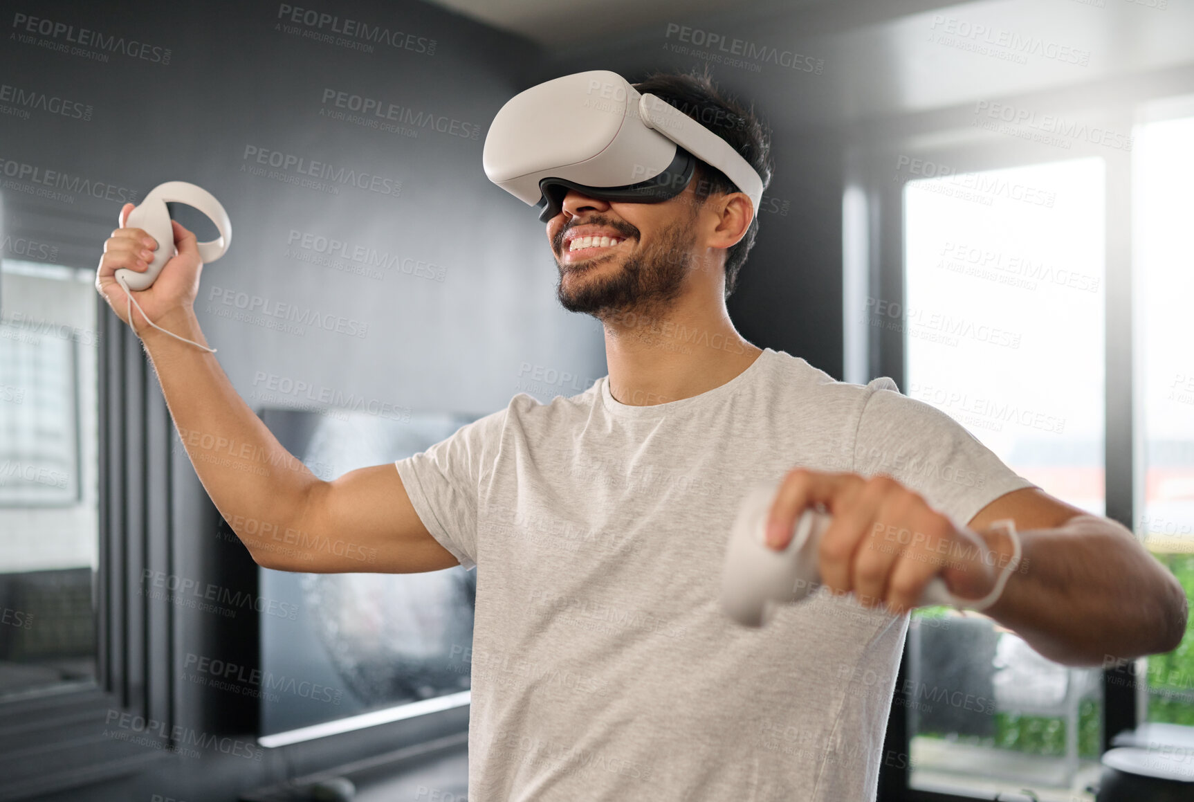 Buy stock photo Man, futuristic or virtual reality glasses for online game, ui digital dashboard or playing. Vr, technology or video experience for fun, relax or software app for internet, gaming controller or hobby