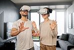Couple, futuristic tech and virtual reality, metaverse and gaming with VR goggles, ux and cyber fantasy online game. Augmented reality, 3d with man and woman at home, wifi and technology innovation
