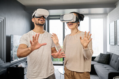 Buy stock photo Couple, futuristic tech and virtual reality, metaverse and gaming with VR goggles, ux and cyber fantasy with online game. Digital, 3d with gamer man and woman at home, wifi and technology innovation