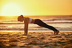 Sunset, beach push up and woman training for health, wellness and fitness. Sports, seashore and female athlete exercising, workout or pushup exercise for strength, muscle energy and power outdoors.
