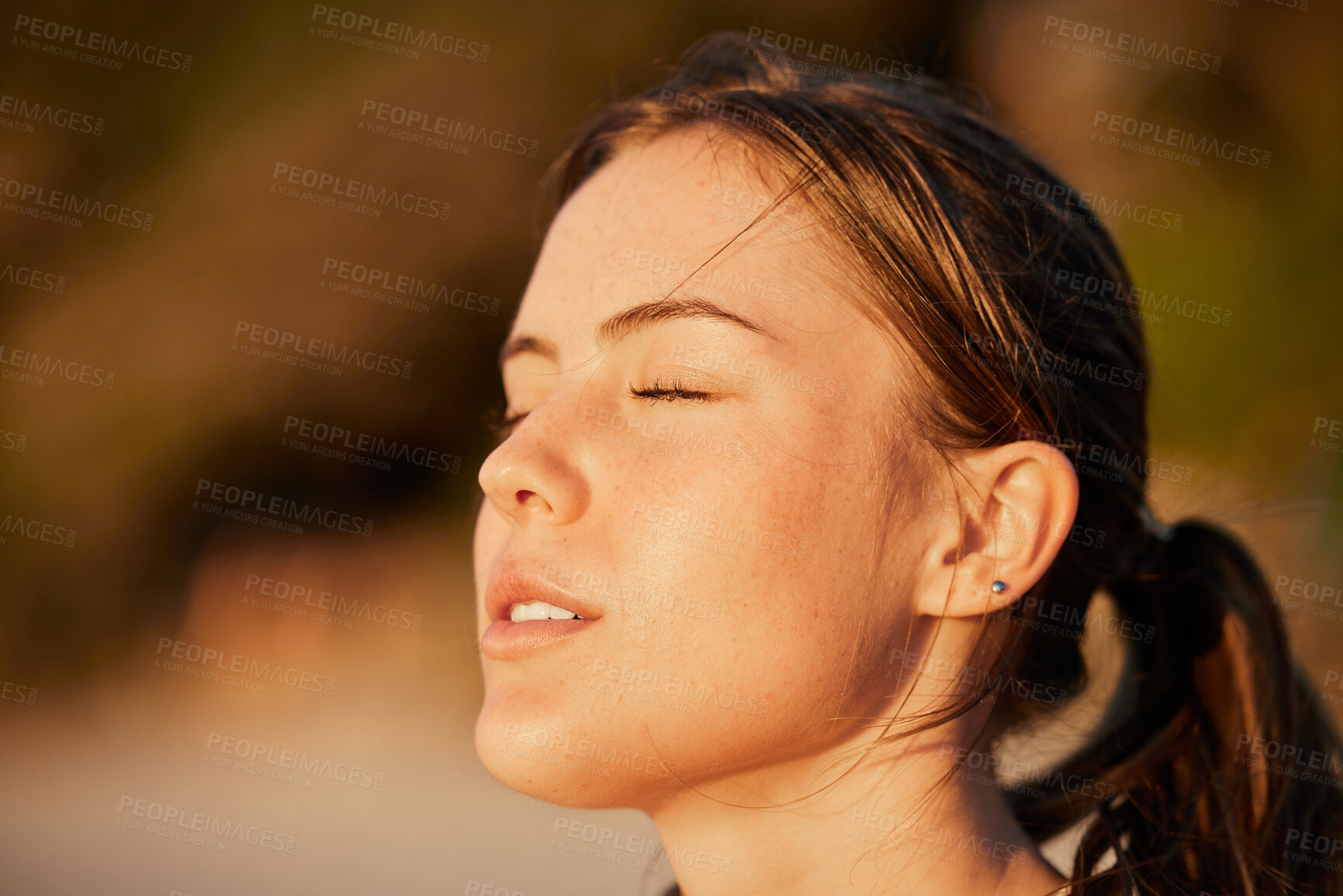 Buy stock photo Face, meditation and peace with woman outdoor in nature, standing alone for zen, calm or serenity. Relax, wellness and mental health with an attractive young female breathing outside for mindfulness