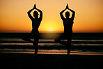 Prayer hands, yoga silhouette and sunset with couple at  beach for health and wellness. Seashore, pilates shadow and man and woman with namaste hand pose for training, zen chakra and balance exercise
