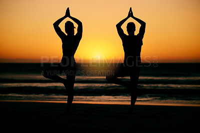 Buy stock photo Prayer hands, yoga silhouette and meditation with couple at  beach for health or wellness. Sunset, pilates shadow and man and woman with namaste hand pose for training, zen chakra or balance exercise