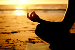 Lotus, yoga and hands silhouette at beach outdoors for health, wellness and fitness. Sunset, zen meditation and shadow outline of man meditating, chakra training or mindfulness exercise at seashore.