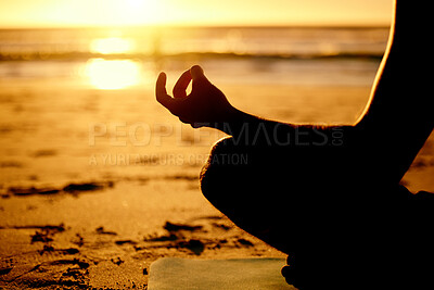 Buy stock photo Lotus, yoga and hands silhouette at beach outdoors for health, wellness and fitness. Sunset, zen meditation and shadow outline of man meditating, chakra training or mindfulness exercise at seashore.